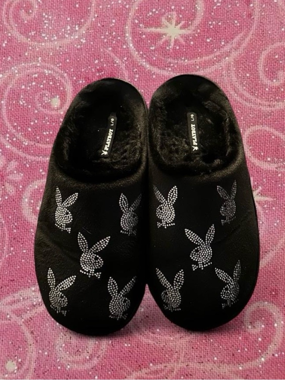 PLAYBOY Black Plush Bunny Logo Slippers